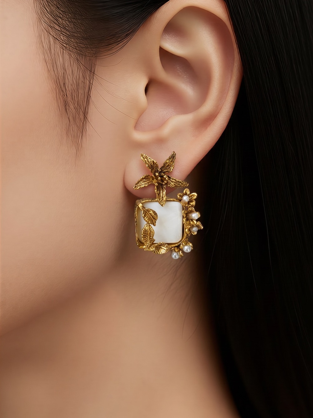Artisan Gold tone and White Floral Square Drop Earrings
